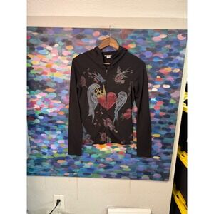 Y2k 2000s Lia Lee Black Embellished Heart Wing Tattoo Zip Up Hoodie Women's M